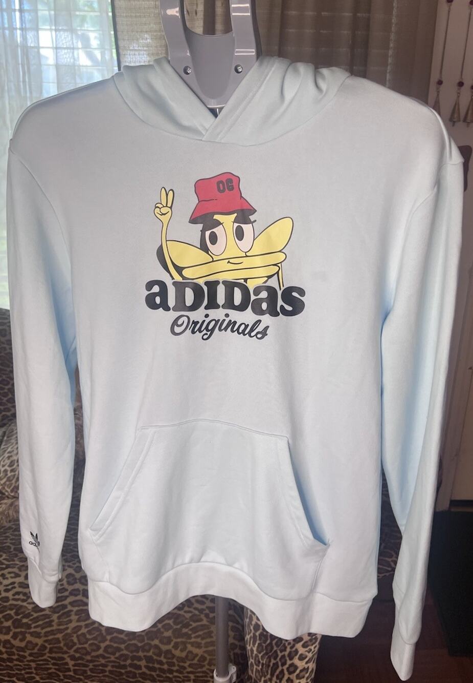 XL Adidas Originals Light Blue Graphic Hoodie Pullover With Pocket Imperfections